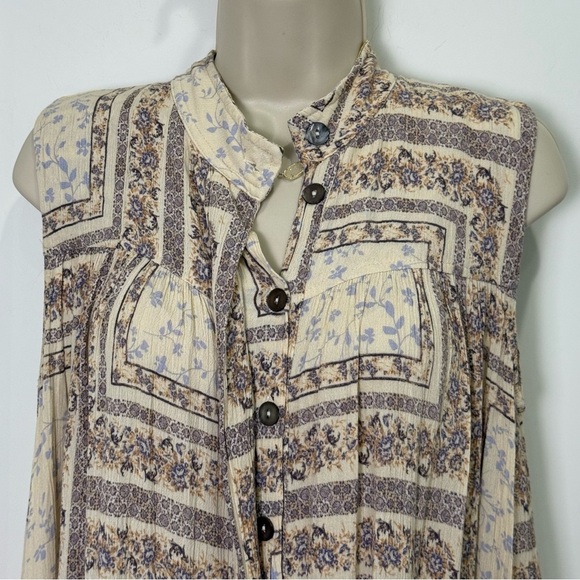 Olivaceous Tunic Dress Button Down Linen Sleeveless Floral Cream Small Boho - Picture 4 of 8